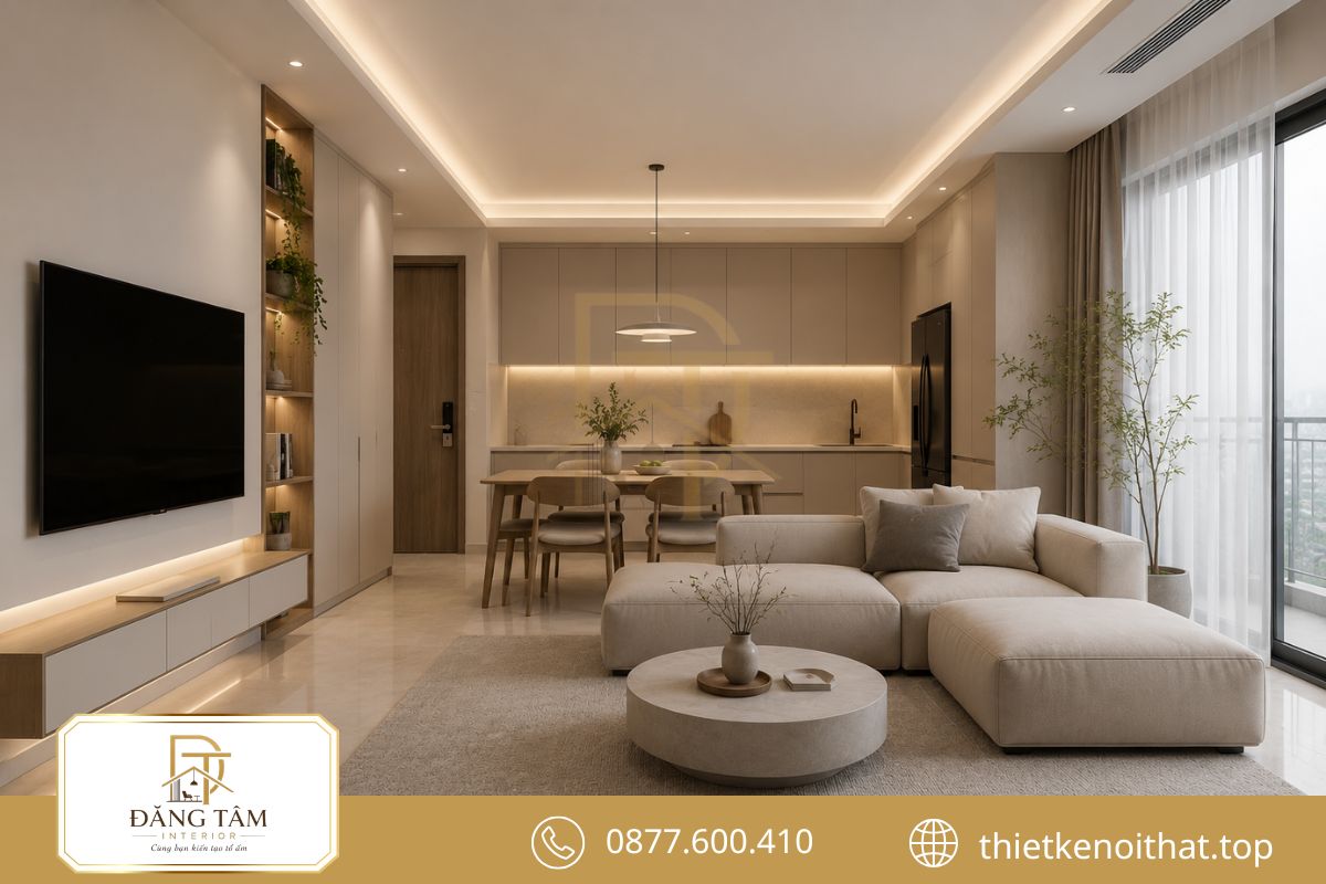 Mẫu nội thất chung cư 68m2 phong cách tối giản với hệ tủ phẳng và không gian thông thoáng 