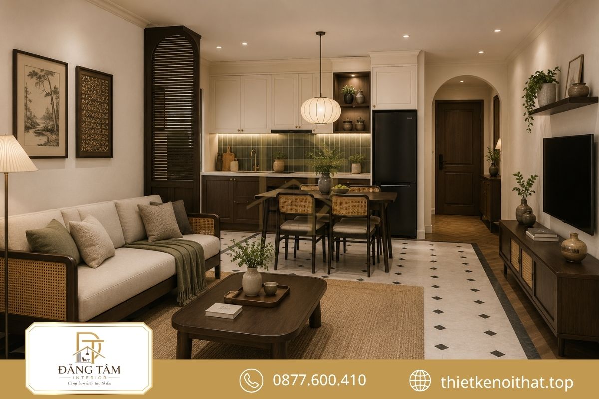 Phong cách Indochine kết hợp gỗ, mây đan và họa tiết Á Đông