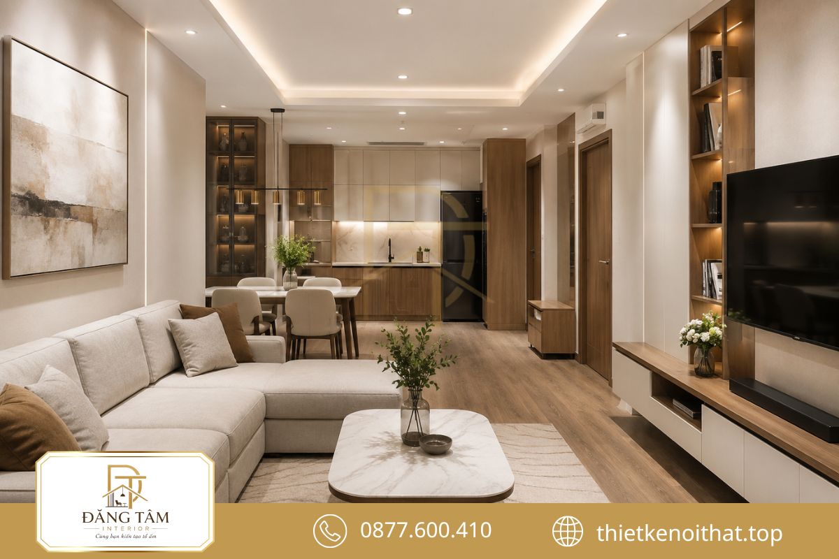 Mẫu thiết kế nội thất căn hộ 68m2 phong cách hiện đại với không gian phòng khách liền bếp 