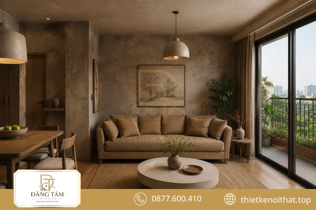 Mẫu thiết kế nội thất căn hộ 68m2 phong cách Wabi Sabi với gam màu đất và vật liệu mộc 