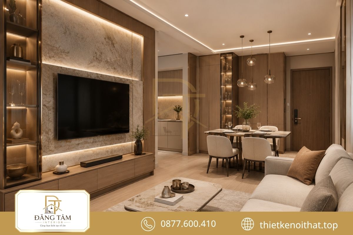 Vật liệu đá, kính và kim loại tạo vẻ sang trọng vừa phải