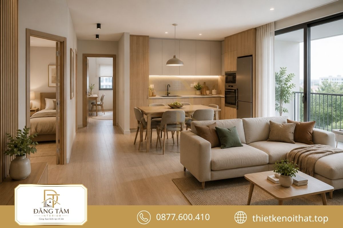 Căn hộ 60m2 bố trí hai phòng ngủ và khu sinh hoạt mở
