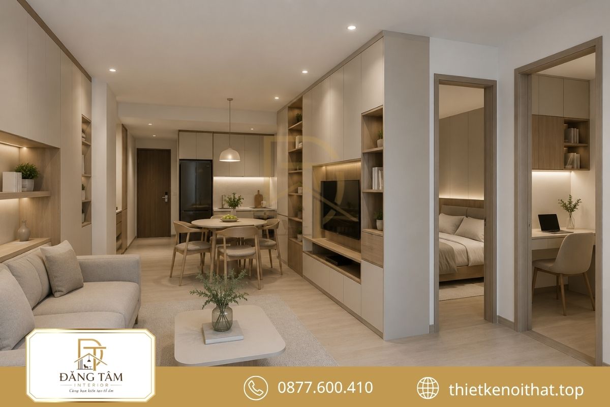 Nội thất tối giản kết hợp hệ tủ kín để tiết kiệm diện tích