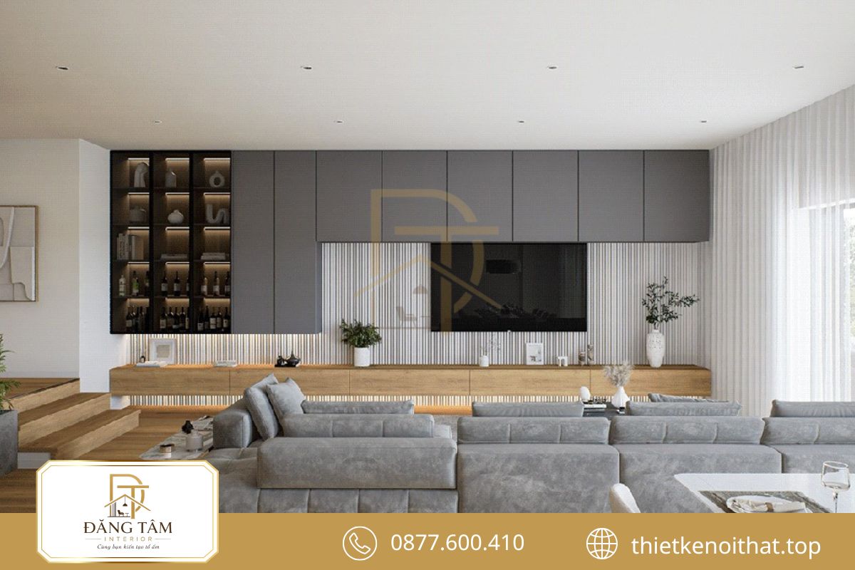 Mẫu nội thất chung cư 68m2 phối màu xám hiện đại kết hợp gỗ ấm 
