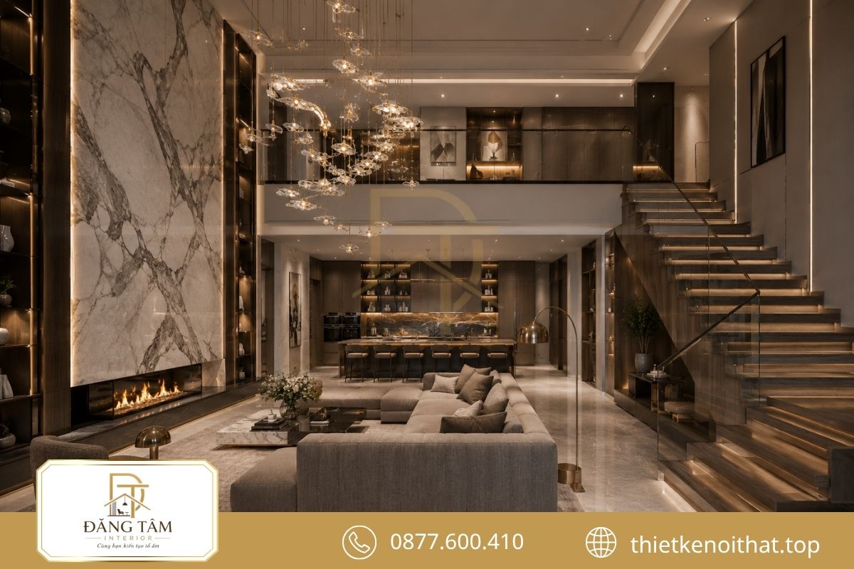 Vật liệu cao cấp và đèn thả tạo vẻ Luxury sang trọng