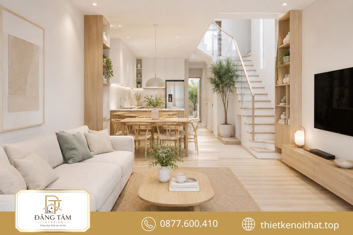 Nội thất nhà ống Scandinavian sáng thoáng với gam màu trung tính