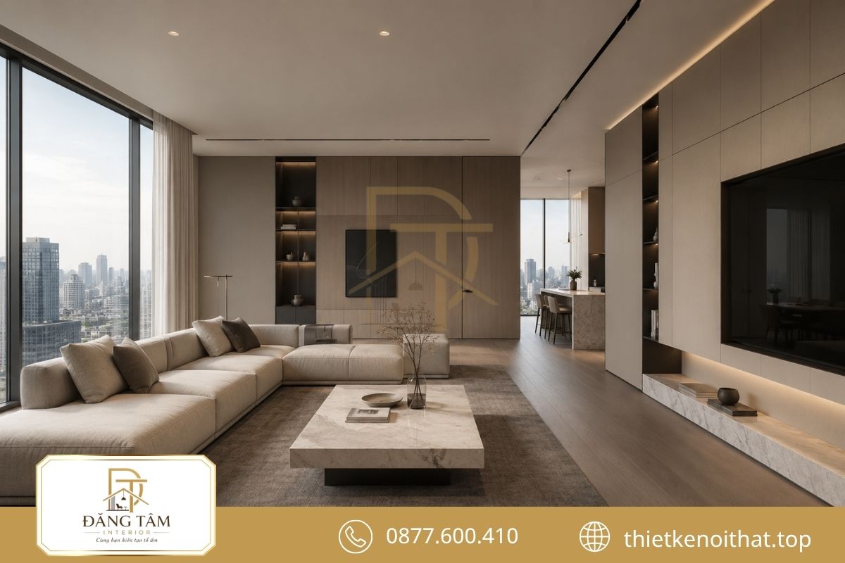 Nội thất tối giản sử dụng hệ tủ kín và bảng màu tiết chế. 