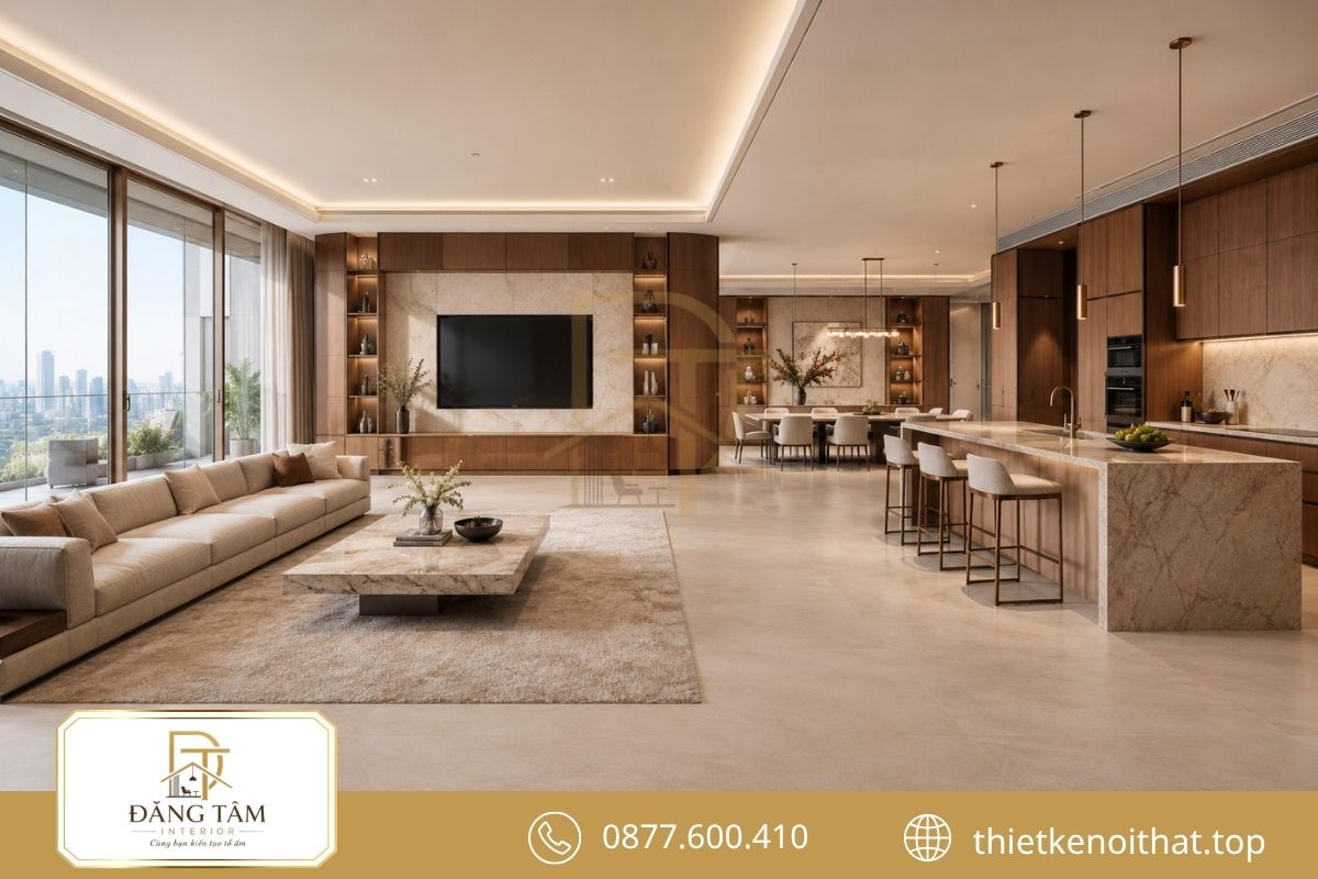 Hệ tủ, bếp và vách tivi đặt riêng theo kích thước thực tế. 