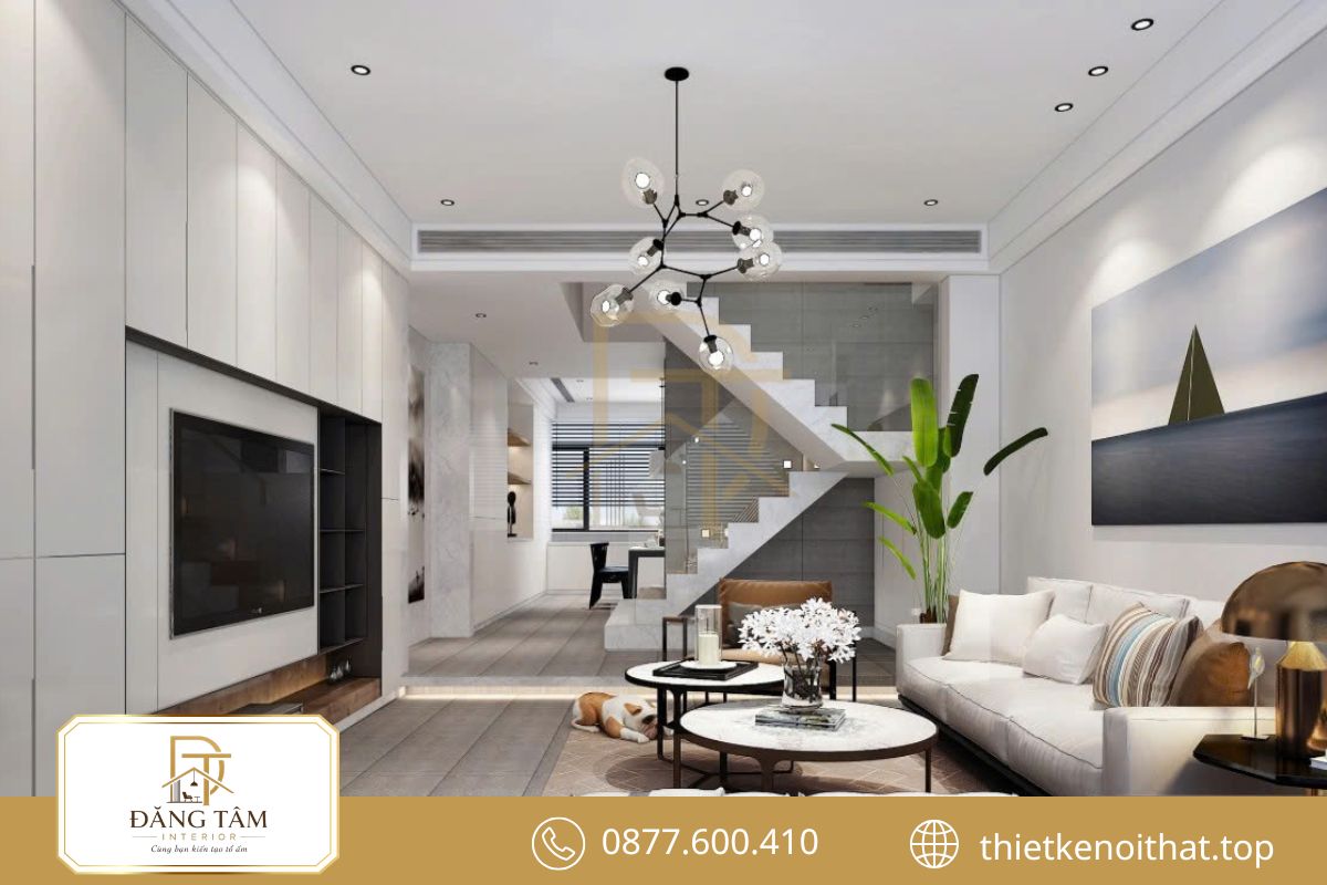 Nội thất phòng khách nhà ống 5m tạo điểm nhấn sang trọng, đón sáng và rộng thoáng