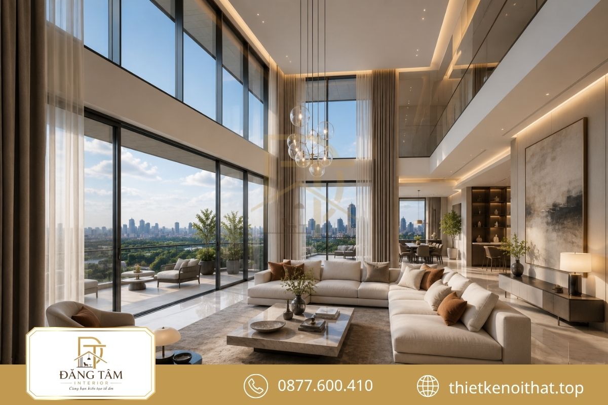 Trần cao và hệ kính lớn đưa ánh sáng vào sâu bên trong. 