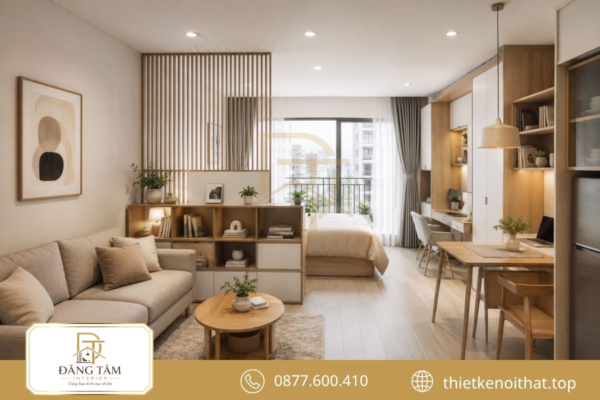 Nội thất thay vách ngăn giúp phân chia Studio mà vẫn giữ độ thoáng.