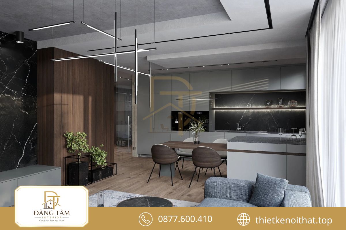 Phối hợp gỗ, đá, kính và kim loại tạo chiều sâu cho căn hộ 68m2