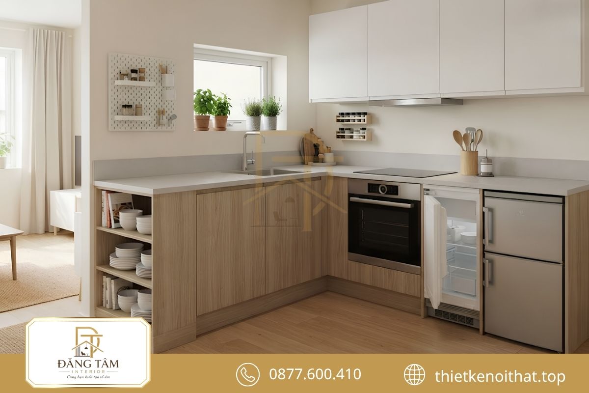 Phòng bếp chung cư 55m2 gọn gàng thuận tiện cho sinh hoạt hằng ngày 