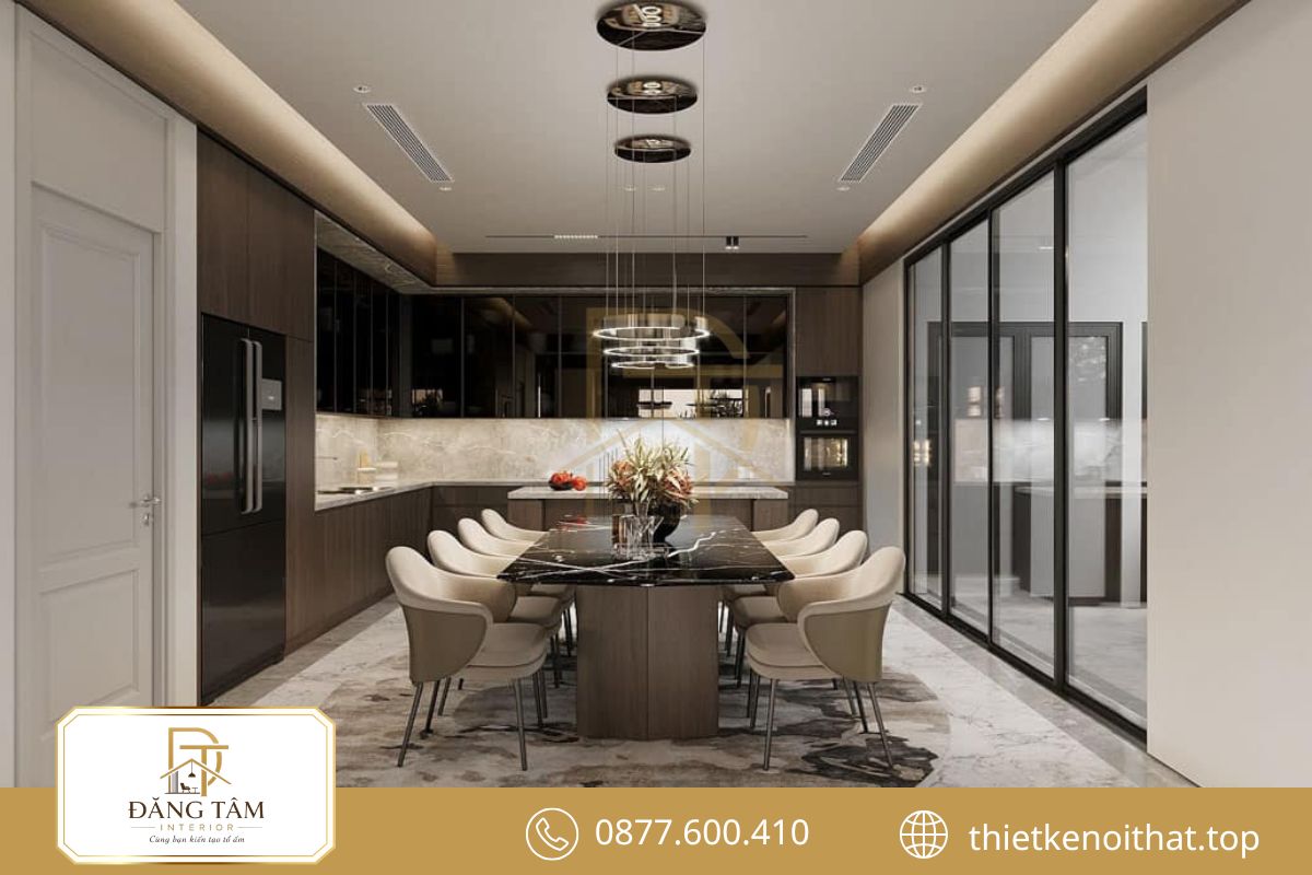 Đường nét tối giản kết hợp thiết bị hiện đại tạo không gian bếp tiện nghi