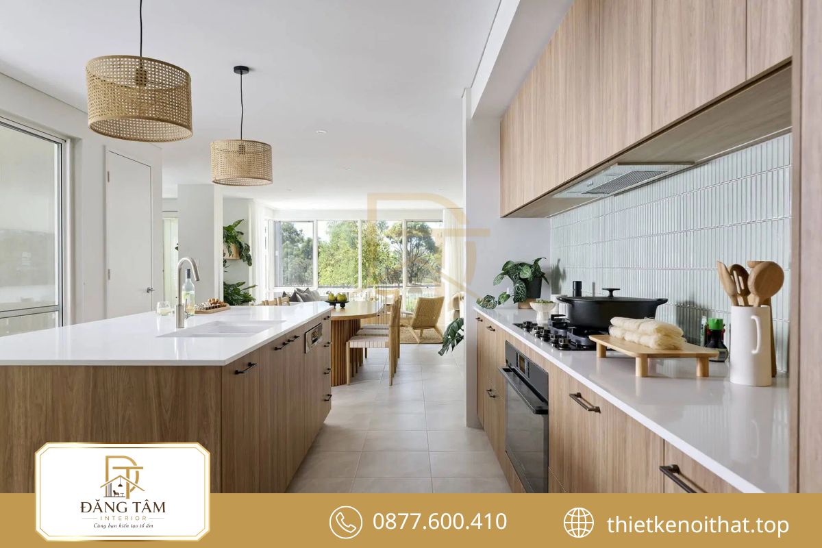 Gỗ tự nhiên cùng gam màu trung tính tạo vẻ đẹp ấm cúng, thư thái