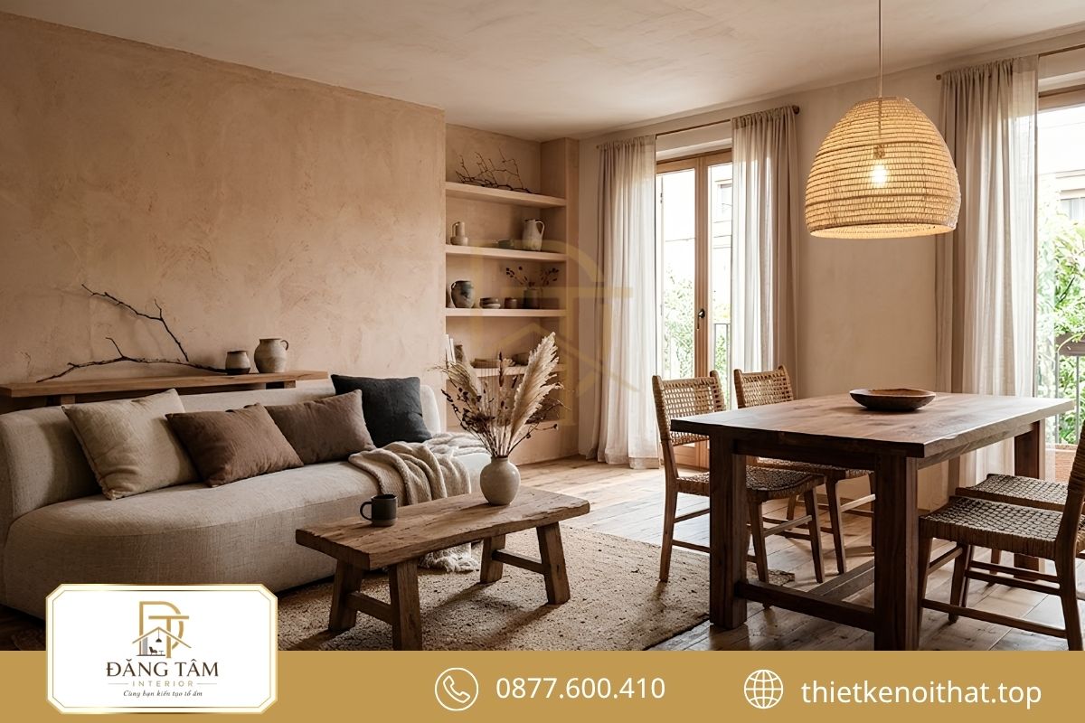Thiết kế nội thất Wabi Sabi mang vẻ đẹp mộc mạc cho căn hộ 55m2 
