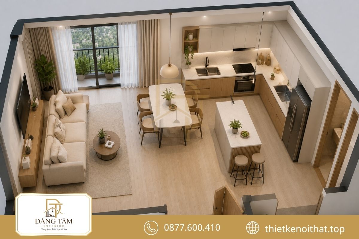 Phòng khách liền bếp giúp thiết kế chung cư 45m2 thêm rộng thoáng