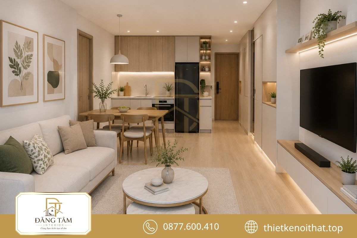 Thiết kế căn hộ chung cư 50m2 với bếp chữ L tối ưu thao tác