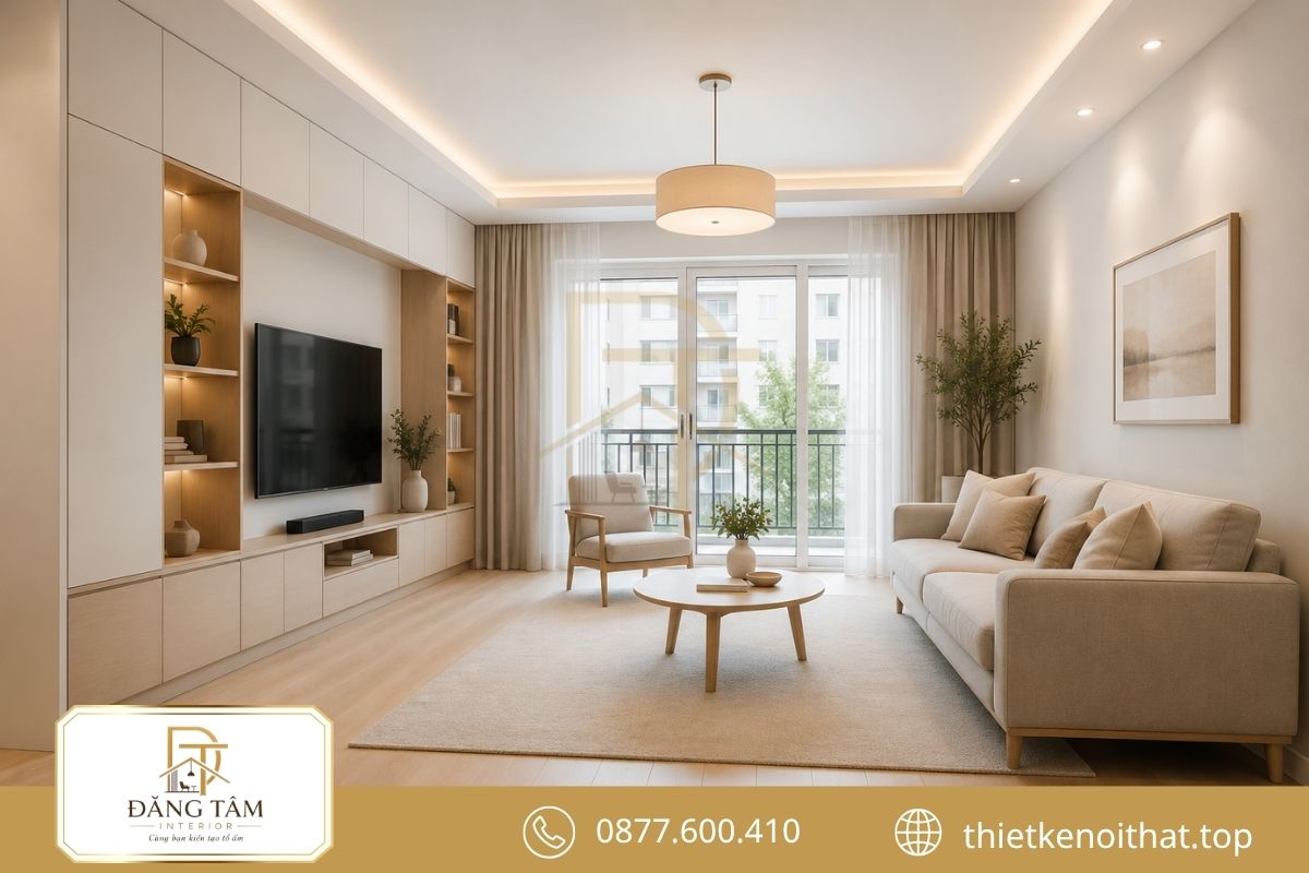 Phòng khách bố trí sofa gọn, tủ tivi và rèm hai lớp