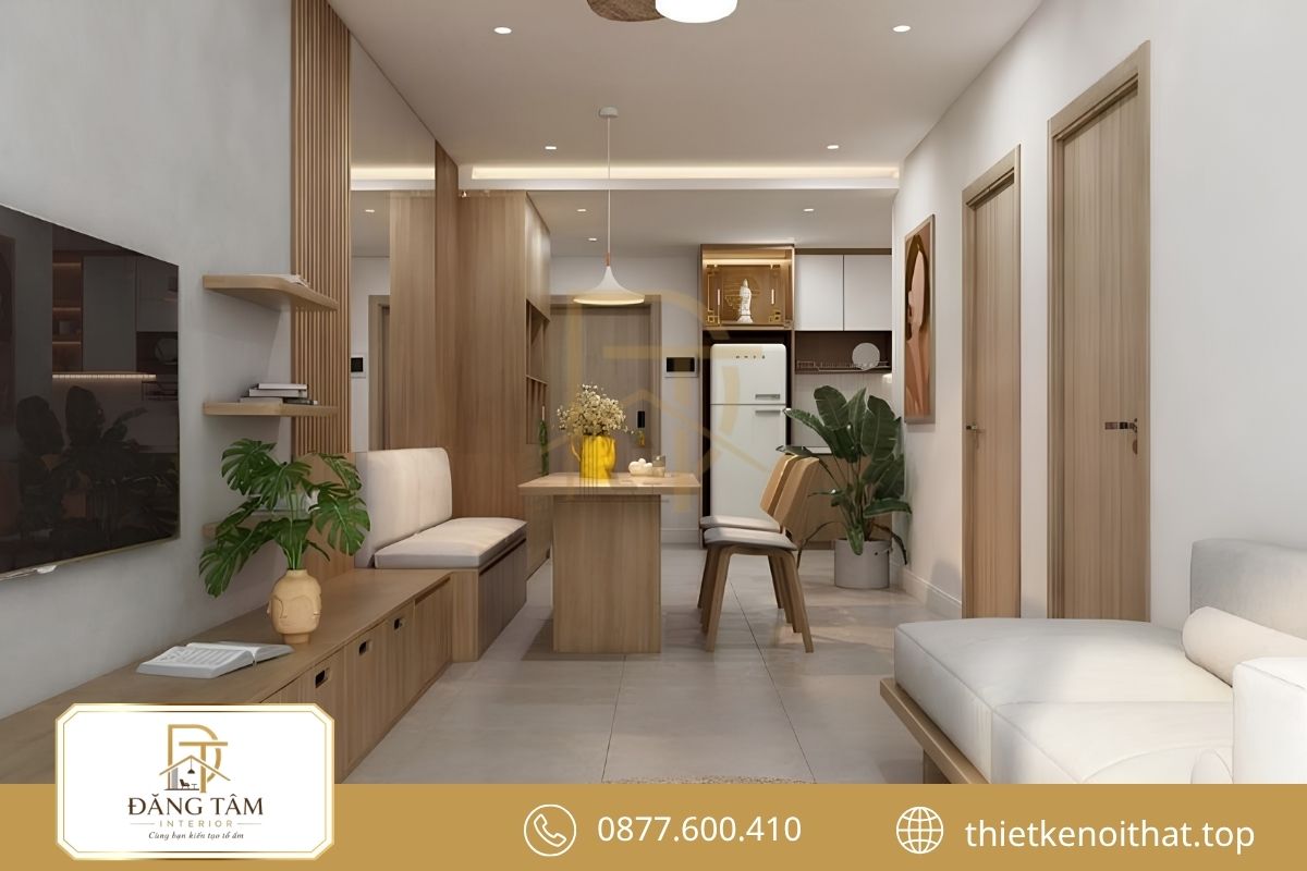 Phòng khách liền bếp mở rộng không gian căn hộ 80m2