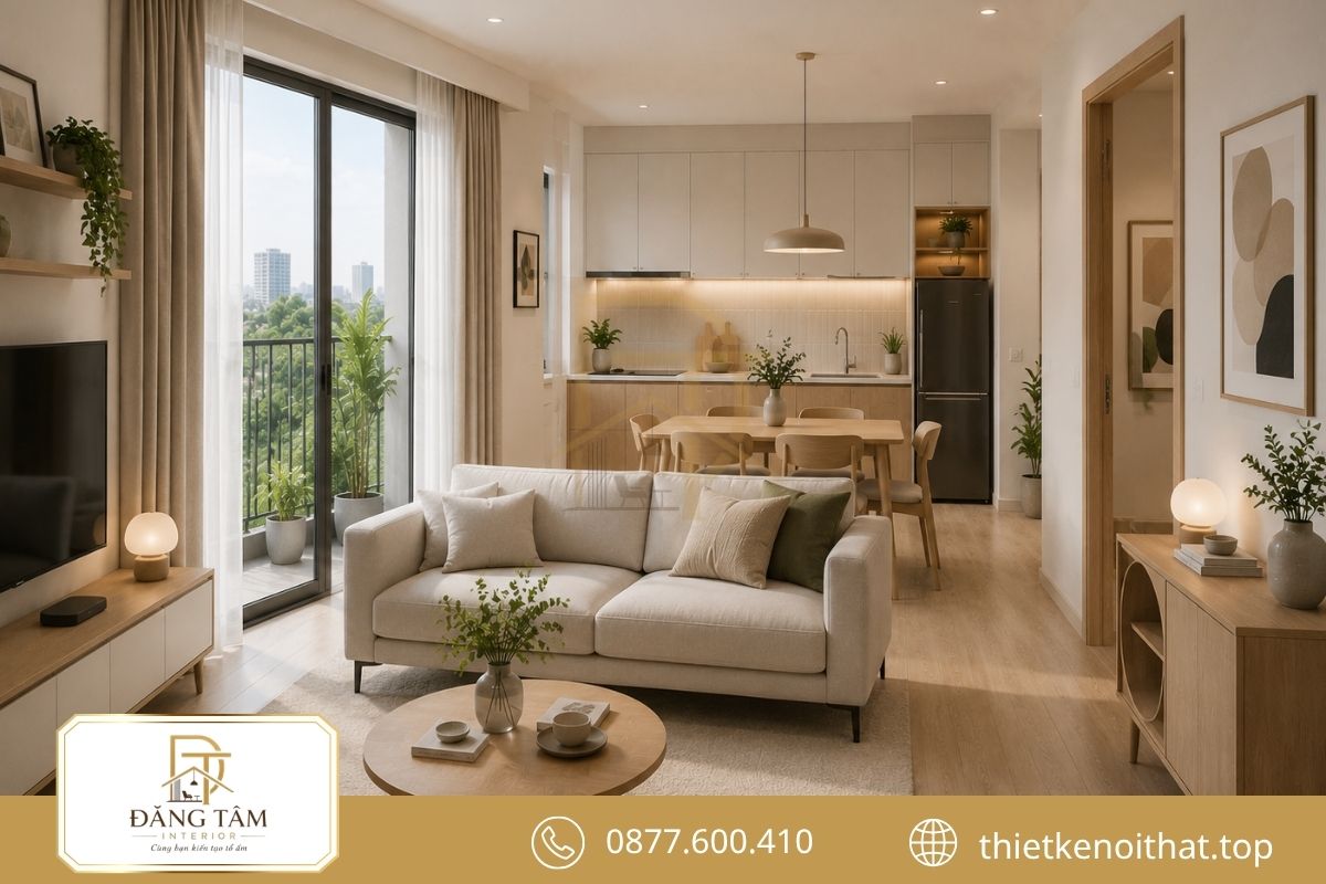 Phòng khách liền bếp trong căn hộ 45m2 tạo không gian sinh hoạt mở