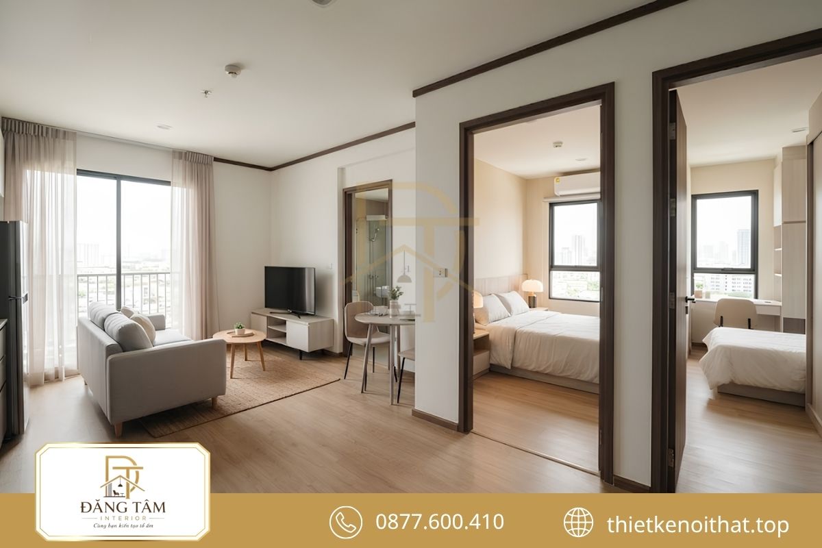 Thiết kế phòng ngủ chung cư 55m2 tối ưu lưu trữ và nghỉ ngơi 