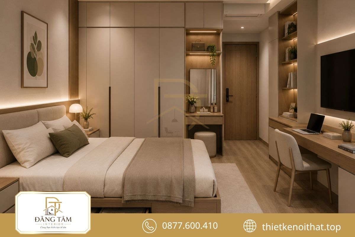 Nội thất căn hộ 50m2 phòng ngủ Master tích hợp hệ tủ kịch trần