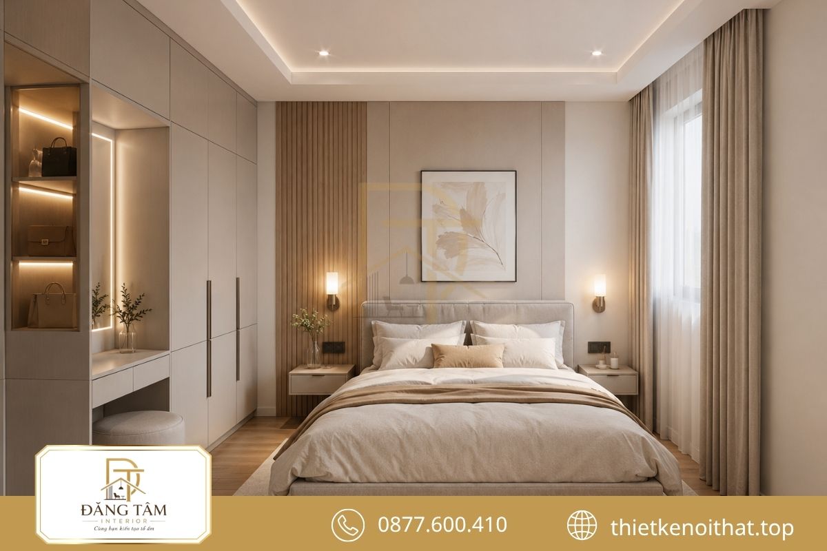 Phòng ngủ Master căn hộ 45m2 tích hợp tủ sát trần tăng lưu trữ