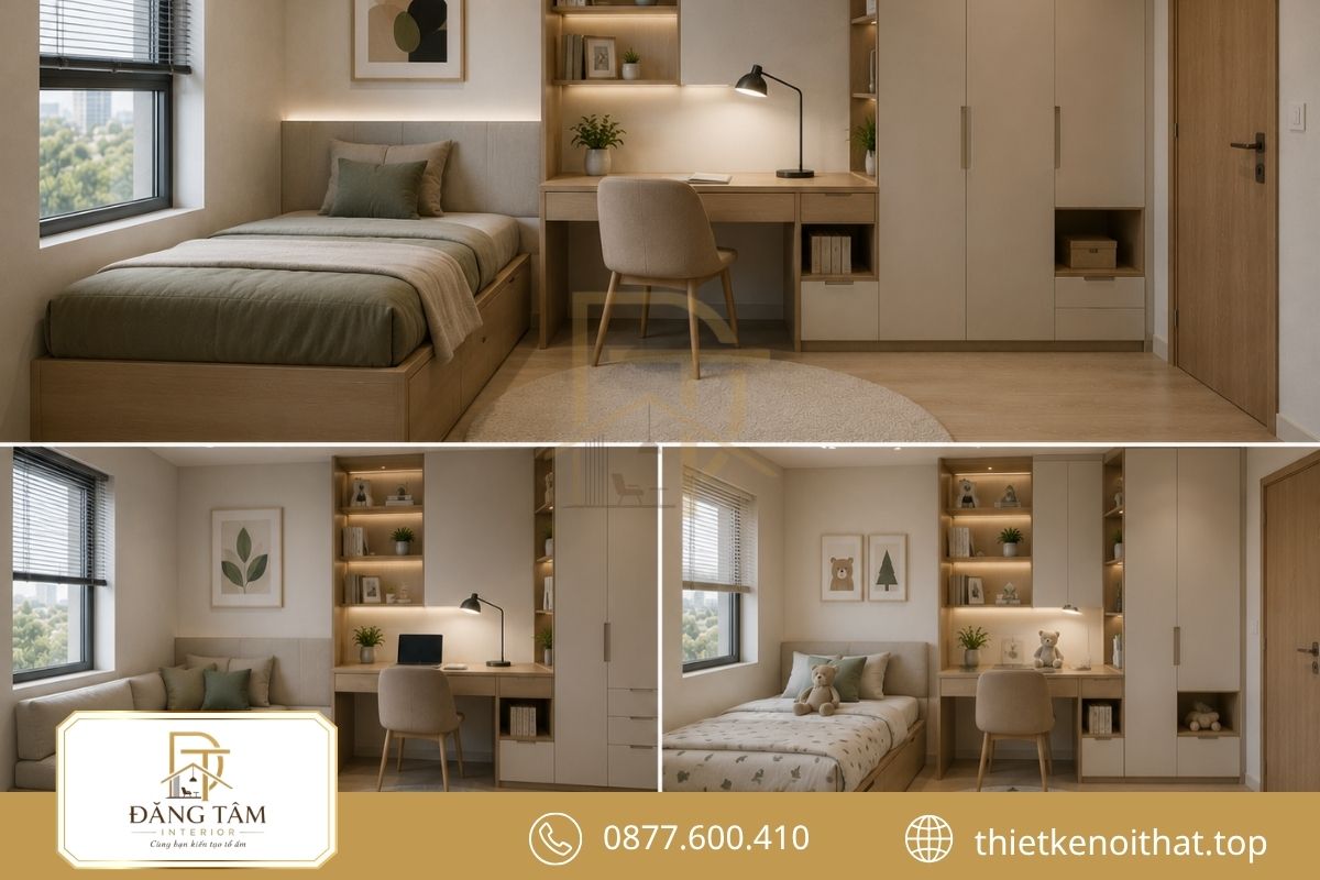 Phòng ngủ phụ chung cư 45m2 linh hoạt cho trẻ, khách hoặc làm việc