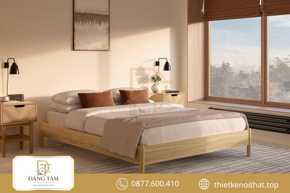 Thi công nội thất phòng ngủ tối giản mang đến không gian rộng rãi, ngăn nắp.