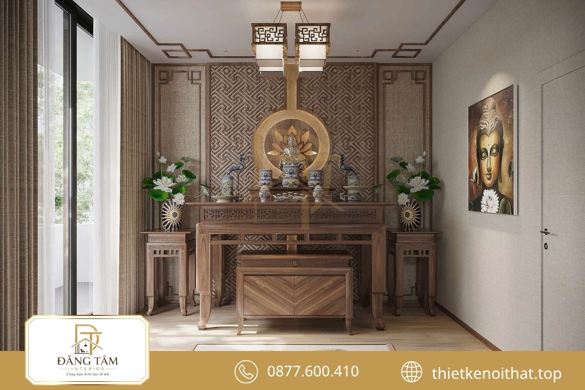 Phòng thờ tân cổ điển sang trọng với bố cục cân xứng, màu sắc trang nhã.