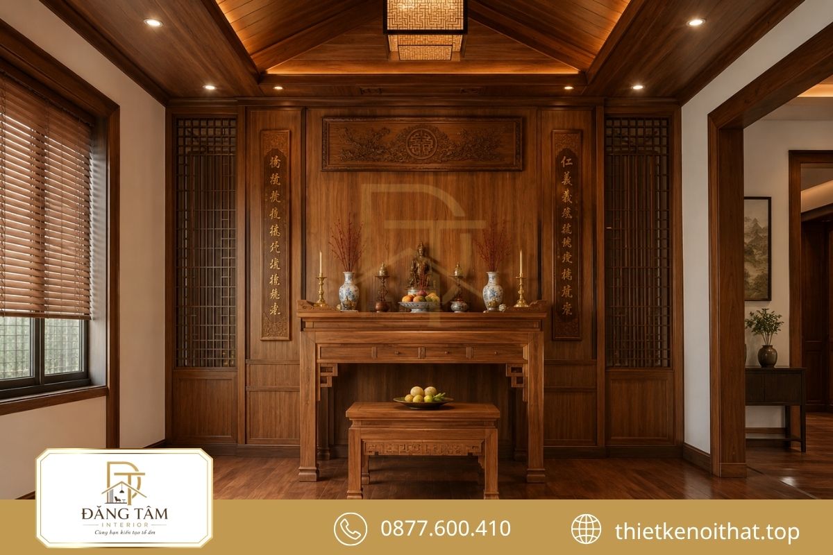 Phòng thờ truyền thống bằng gỗ tự nhiên tạo cảm giác ấm cúng, trang nghiêm.