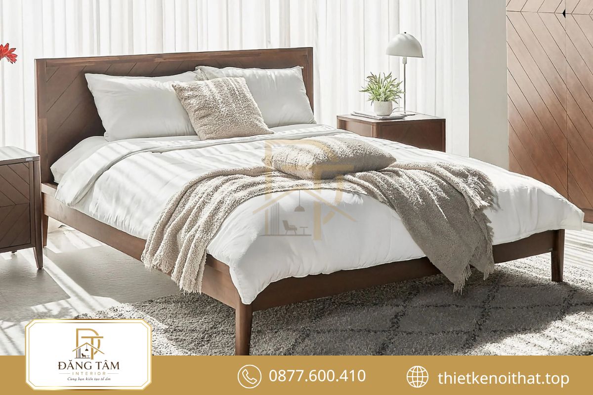 Giường ngủ thiết kế riêng, hoàn thiện đồng bộ trong thi công nội thất phòng ngủ.