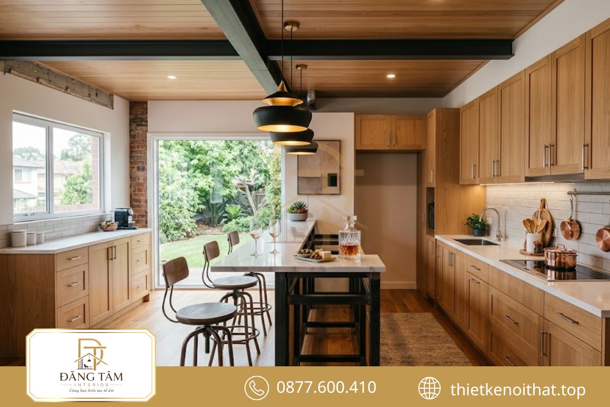 Thi công nội thất nhà bếp kết hợp quầy bar hiện đại, tăng tính kết nối