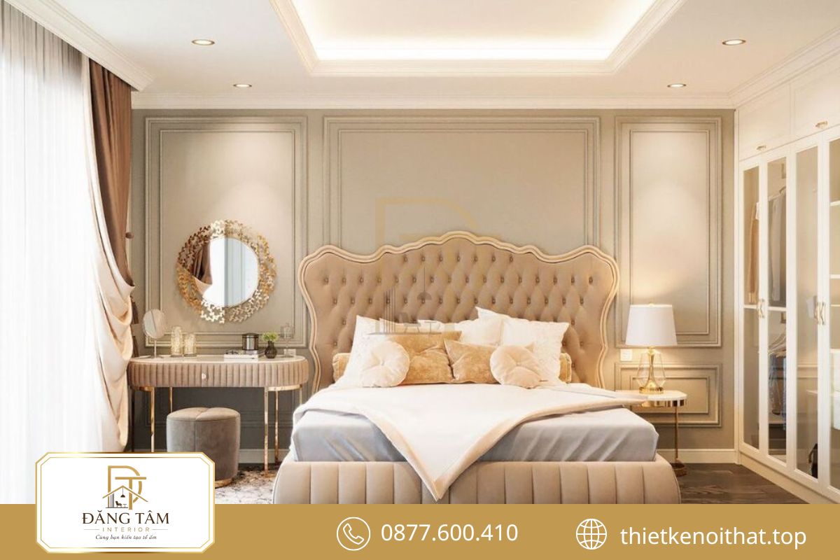 Thi công nội thất phòng ngủ biệt thự sang trọng với vật liệu cao cấp và tinh tế.