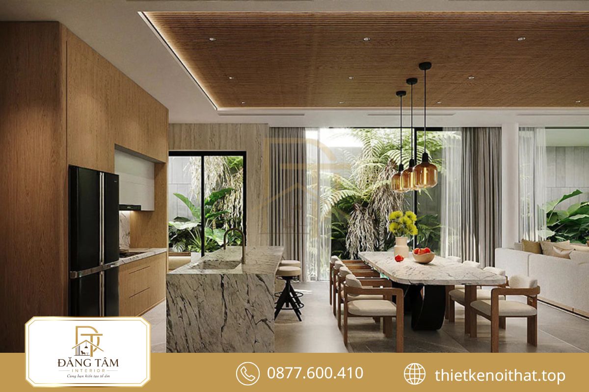 Không gian bếp biệt thự sang trọng với vật liệu cao cấp và hoàn thiện tinh xảo