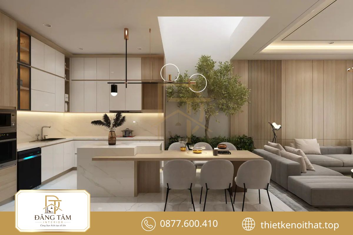 Thi công nội thất phòng bếp mở tạo sự liên kết hài hòa với phòng khách