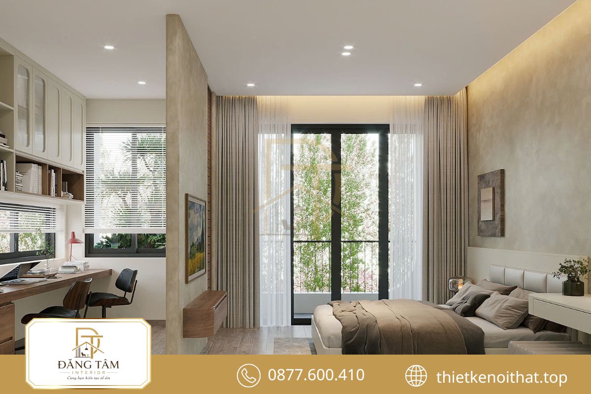 Thiết kế và thi công nội thất phòng ngủ tích hợp góc làm việc tiện nghi, khoa học.