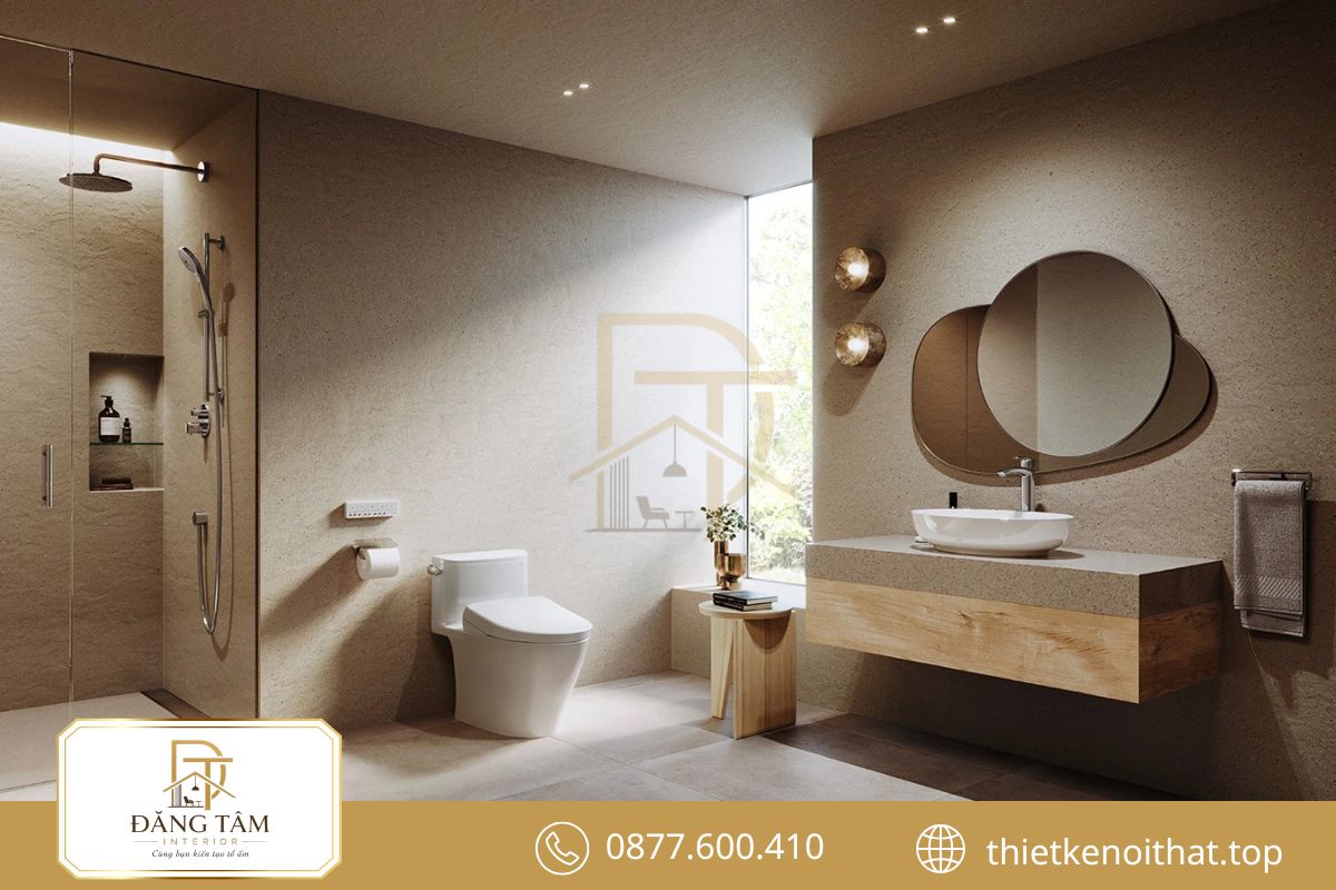 Phòng tắm hiện đại, ưu tiên vật liệu chống ẩm và dễ dàng vệ sinh.