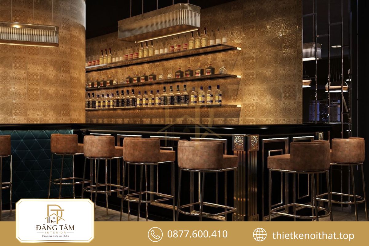 Quầy bar hiện đại tạo điểm nhấn cho không gian thư giãn của khách 