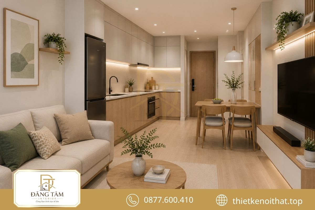 Bố trí căn hộ 50m2 với phòng khách và bếp liên thông rộng thoáng