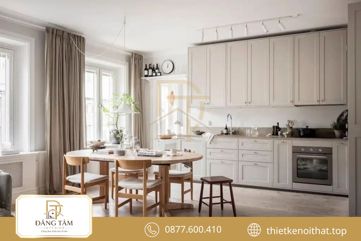 Phòng khách liền bếp căn hộ 68m2 giúp mở rộng tầm nhìn và tối ưu diện tích 