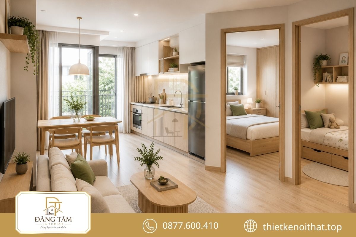 Thiết kế chung cư 50m2 hai phòng ngủ phù hợp gia đình trẻ hiện đại