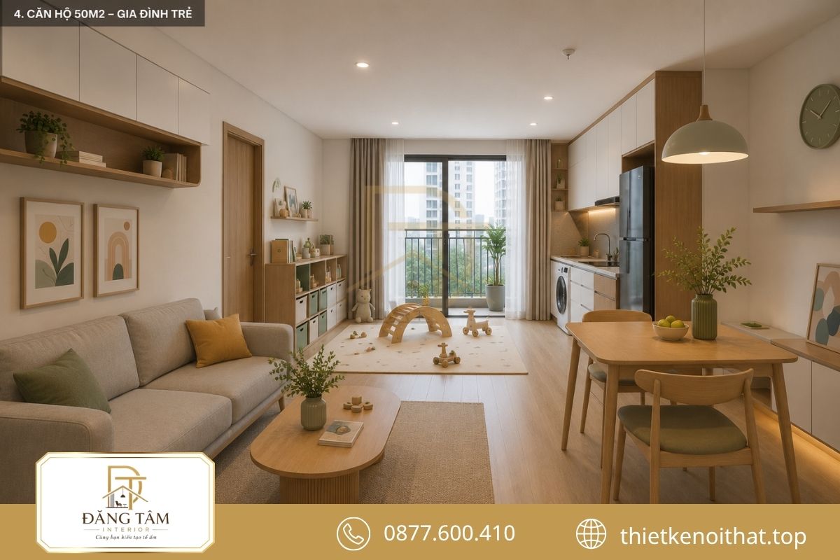 Thiết kế căn hộ 50m2 đẹp dành cho gia đình trẻ tiện nghi và linh hoạt