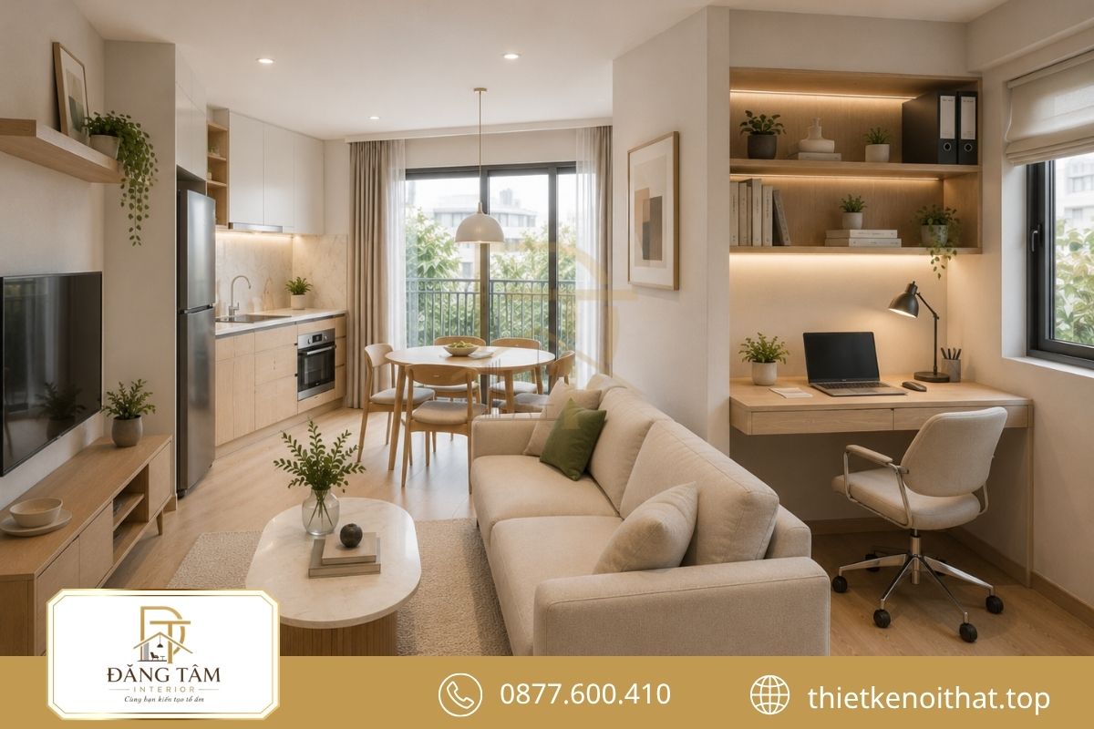 Căn hộ 50m2 tích hợp góc làm việc gọn gàng và nhiều ánh sáng