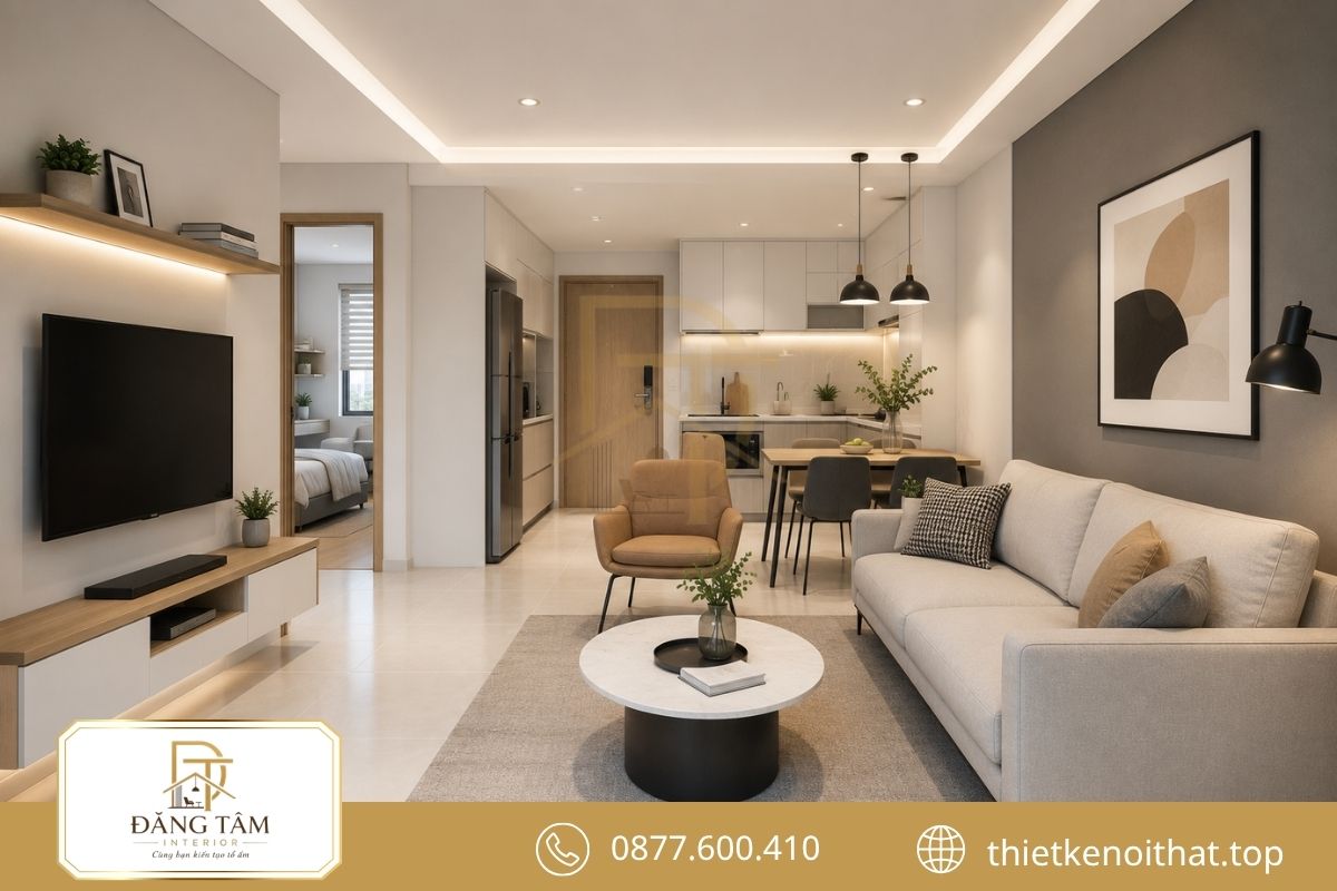 Thiết kế căn hộ 50m2 hiện đại với bố cục gọn gàng và thông thoáng