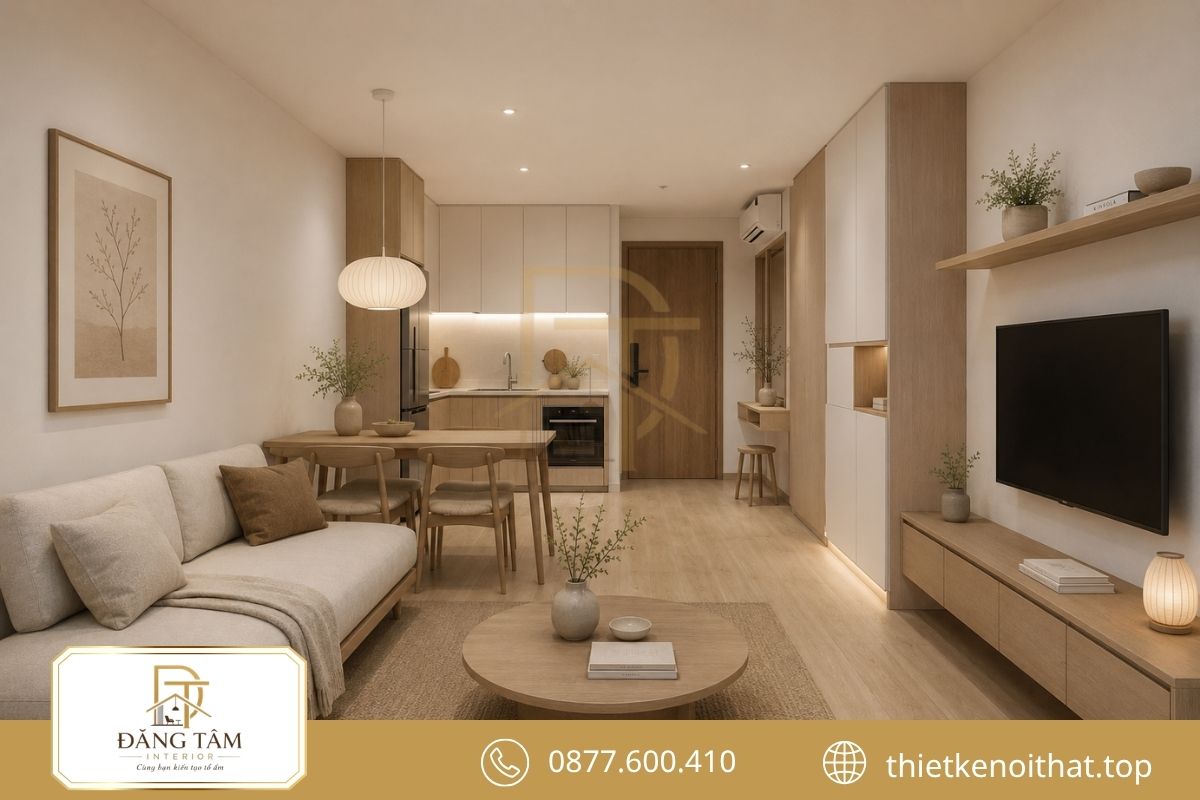 Thiết kế nội thất căn hộ 50m2 Japandi nhẹ nhàng với chất liệu gỗ tự nhiên