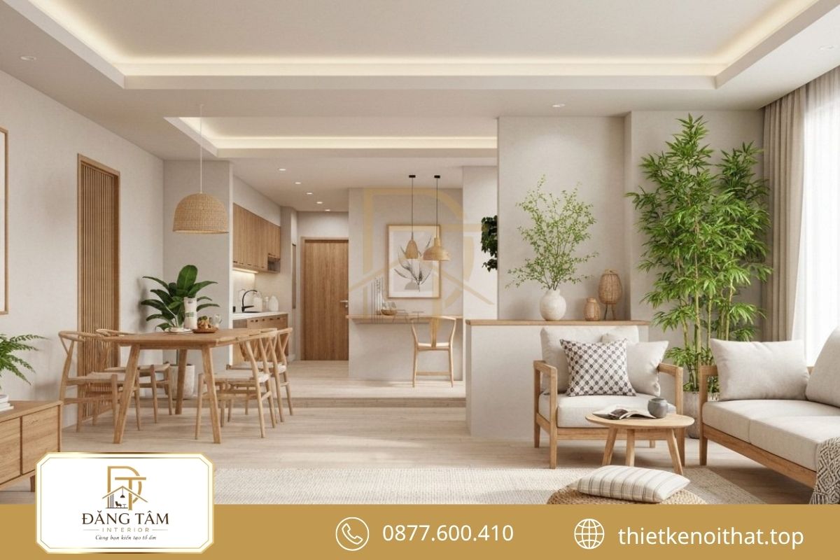 Căn hộ 65m2 hiện đại sử dụng nội thất gọn và màu sáng.