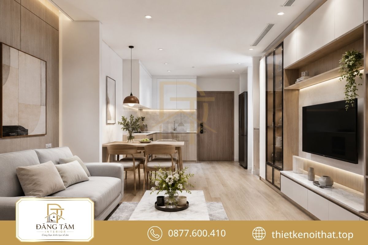 Thiết kế chung cư 45m2 hiện đại với đường nét gọn và màu sáng