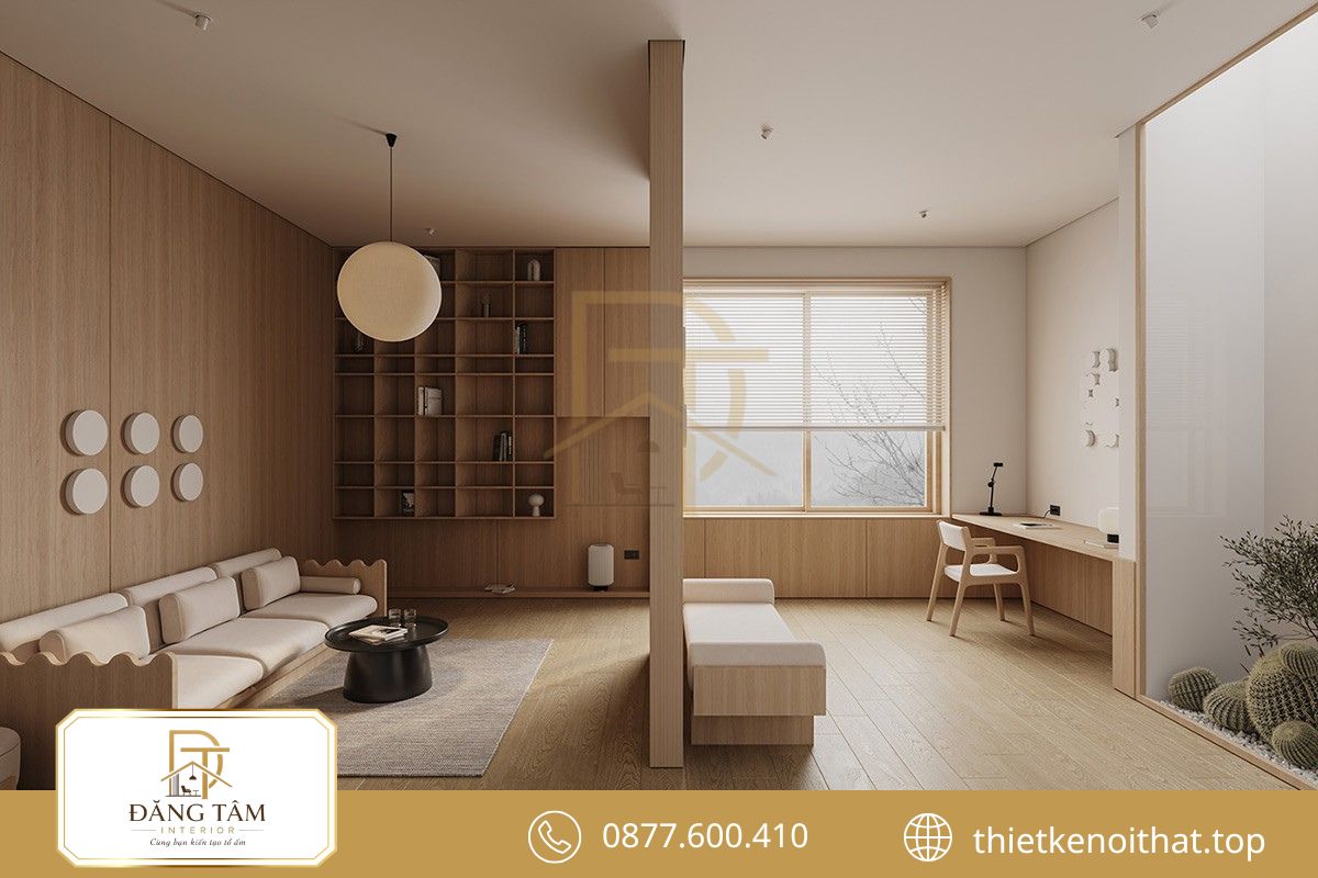 Thiết kế chung cư 68m2 phong cách Japandi với bảng màu be, kem và gỗ tự nhiên 